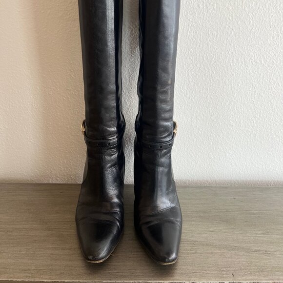 Gucci Black Leather Knee-High Boots with Gold Buckle – Size 7.5B - Picture 6 of 13